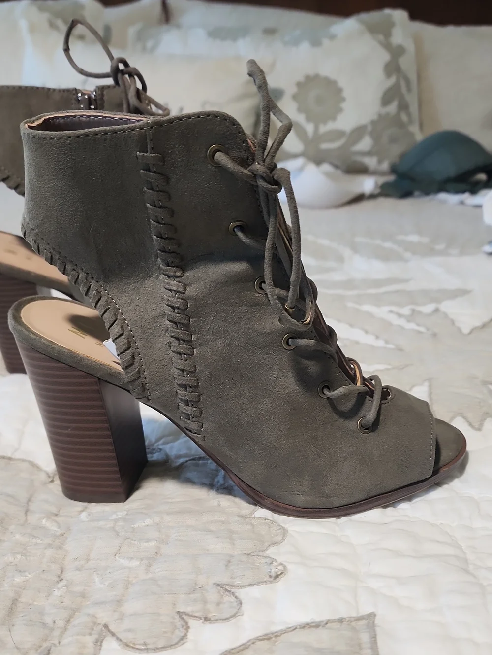 Mix No. 6 Olive Suede Lace-Up Peep-Toe Block Heel Bootie